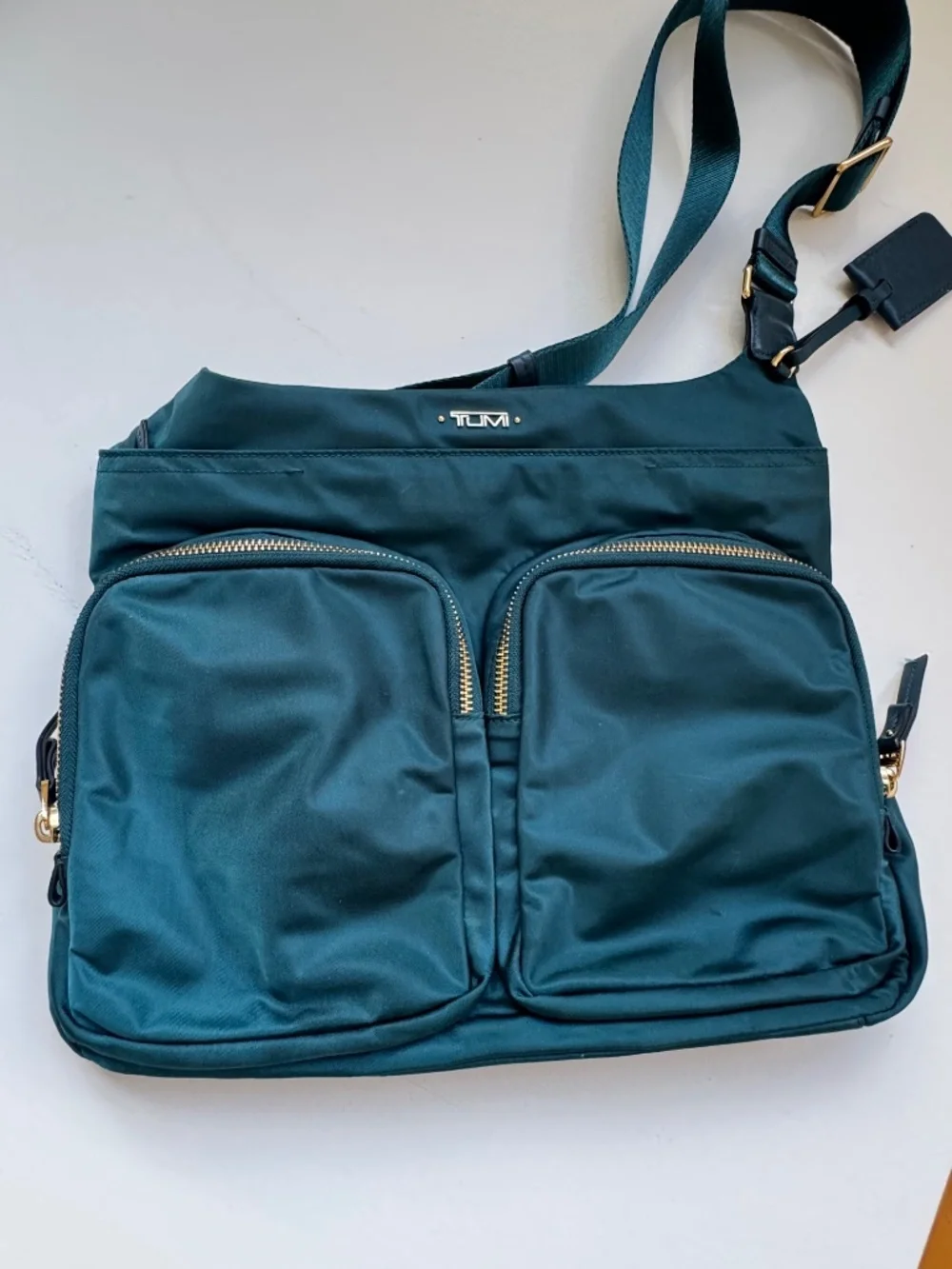 TUMI Voyageur Sadler Teal Blue Nylon Crossbody Bag Gold Hardware